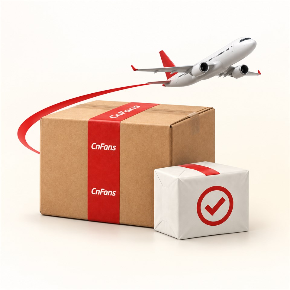 Parcels with CnFans printed on red packing tape and a cargo plane taking flight